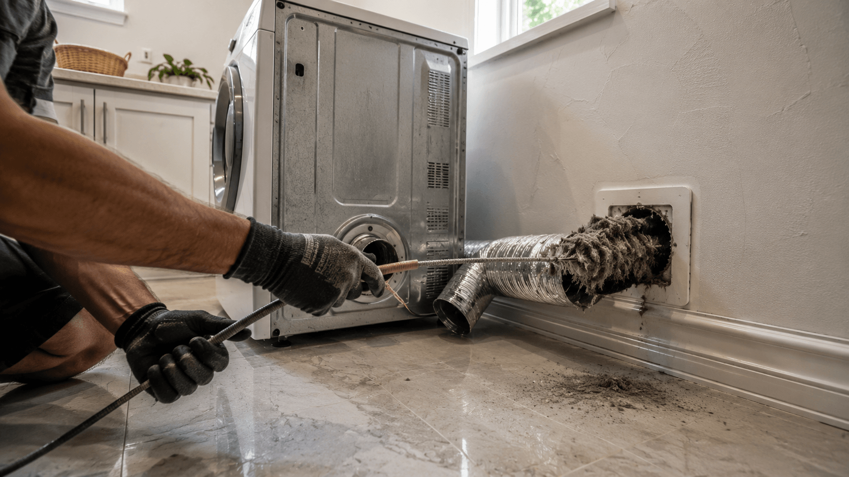 Homeowner pulling lint from a wall vent behind a white front-load dryer