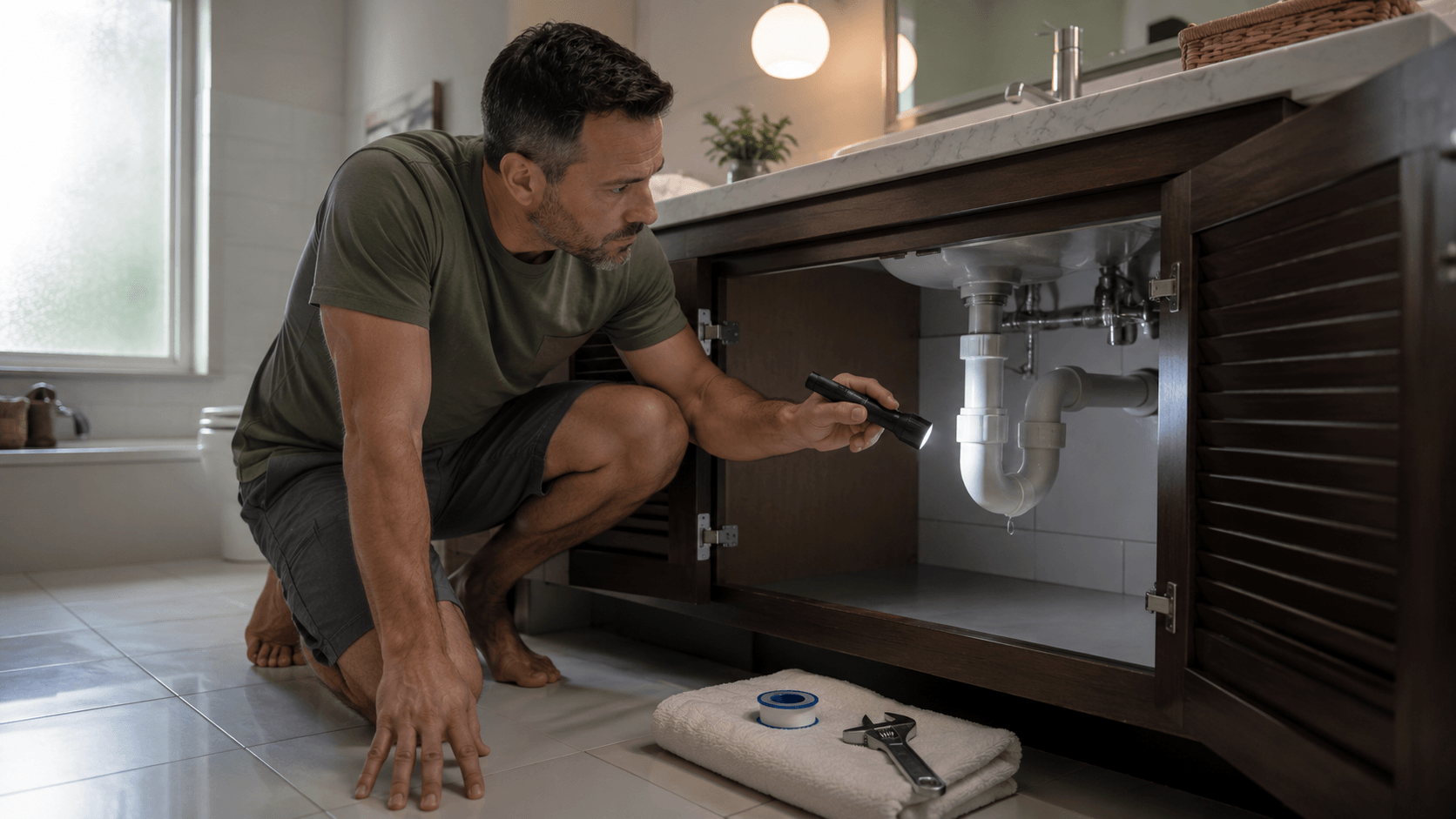 South Florida homeowner with a flashlight inspecting the PVC P-trap under a bathroom sink to diagnose a sewer gas smell