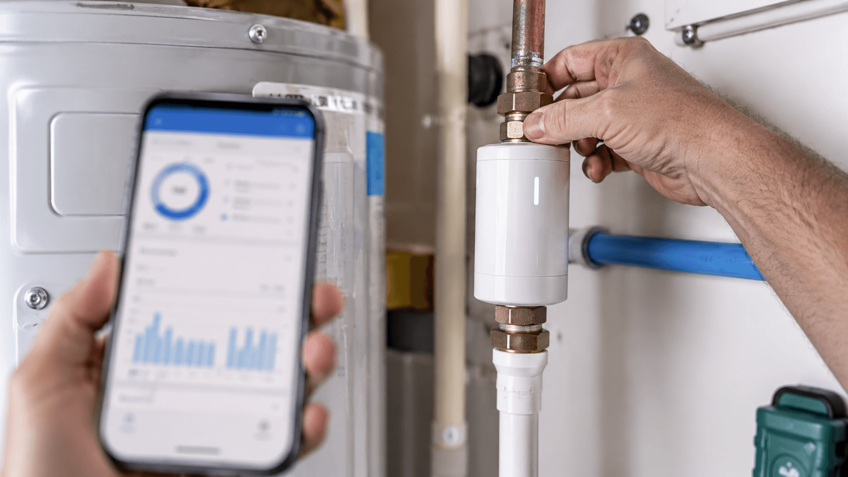 Smart water leak detector installed inline on the main water supply pipe next to a water heater in a South Florida garage with a smartphone showing a flow-monitoring app dashboard in the foreground