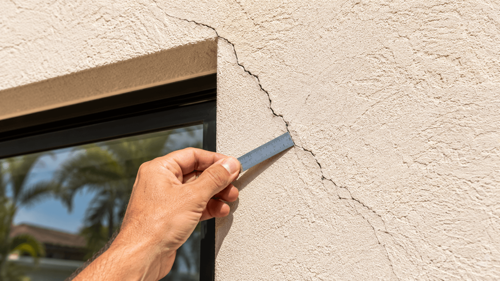 Close-up of a diagonal stress crack running from the corner of a window on a South Florida home's cream-colored stucco wall with a home inspector's hand holding a steel ruler measuring the crack width