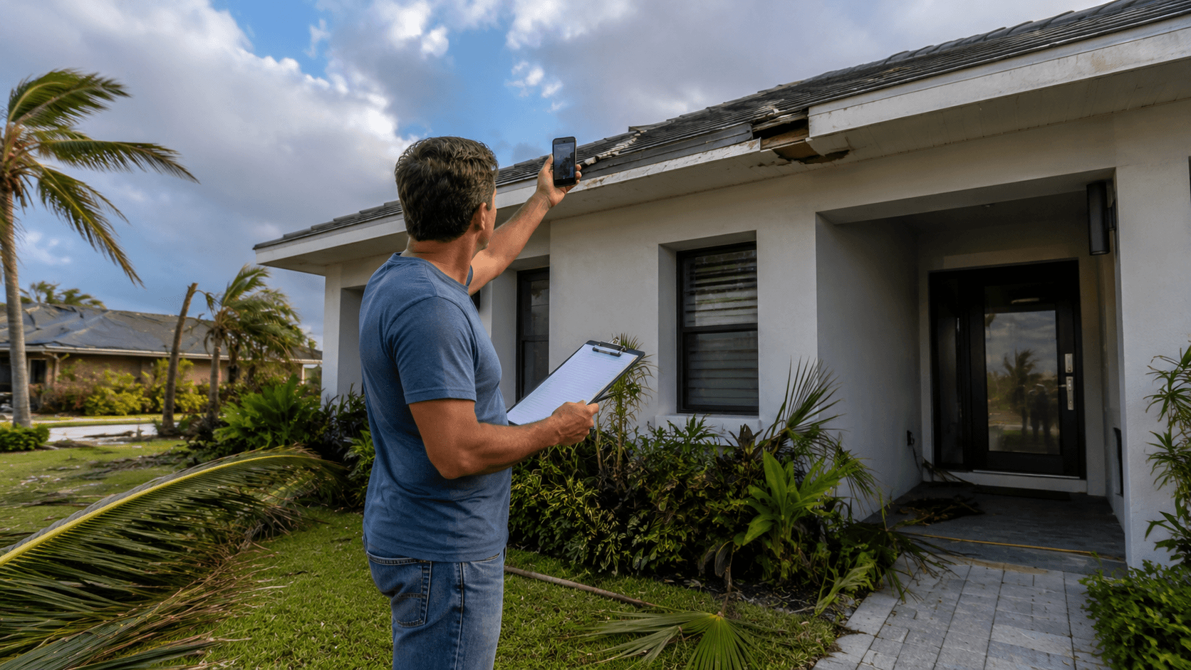 South Florida homeowner with a clipboard photographing the roof line and soffit of a coastal-modern stucco home with a smartphone after a hurricane, palm fronds and debris on the lawn