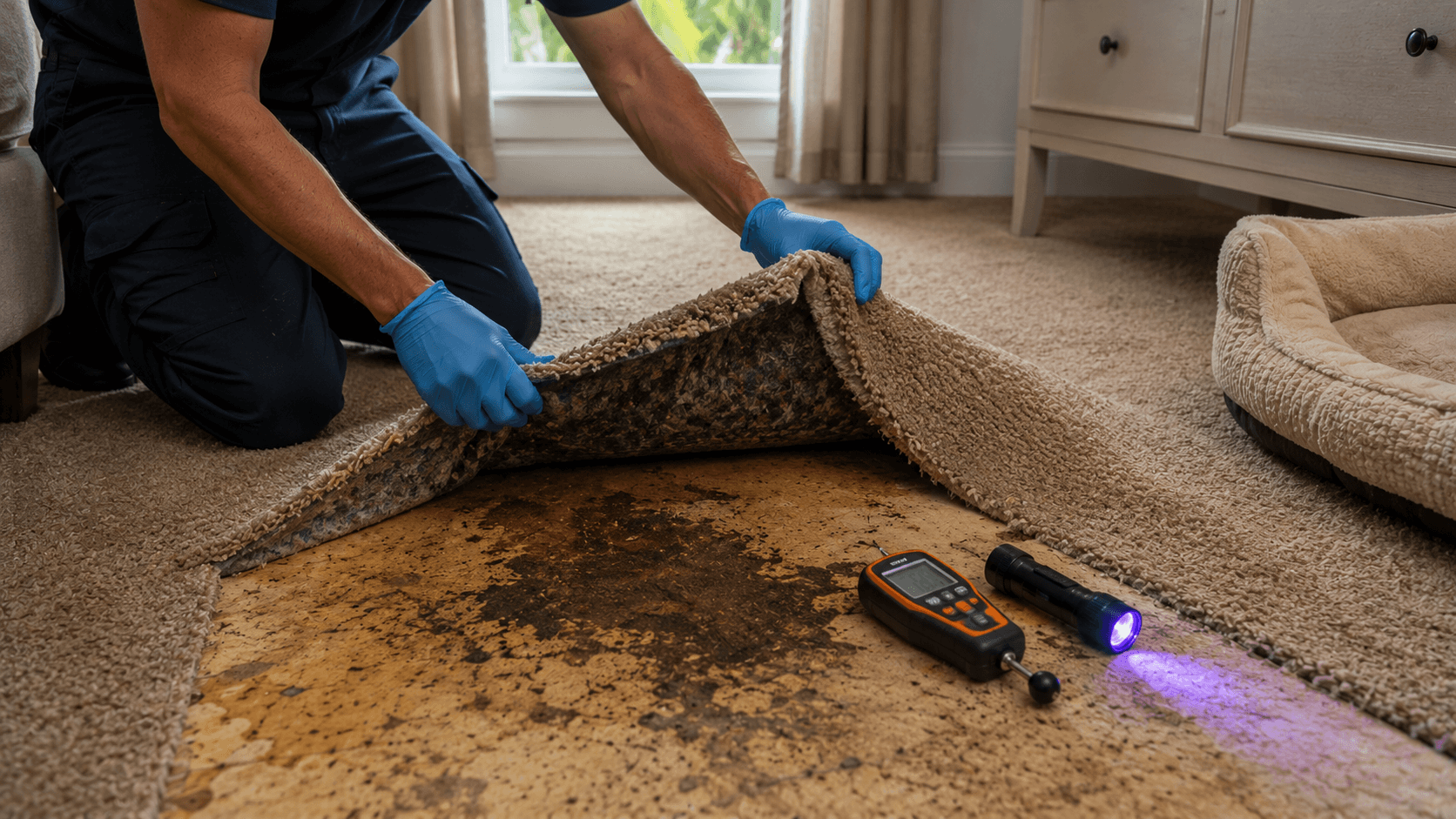 Restoration technician in blue nitrile gloves pulling back beige carpet in a South Florida bedroom to reveal a darkly stained carpet pad and yellow-brown stained plywood subfloor, with a moisture meter and UV black light placed on the floor
