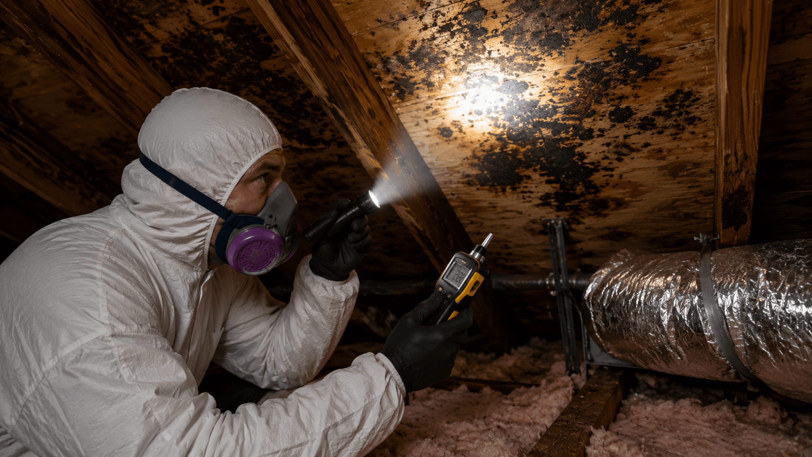 Restoration technician in white Tyvek suit and respirator inspecting dark mold patches on the underside of a South Florida attic's roof decking with a flashlight and moisture meter, pink fiberglass insulation and HVAC ductwork visible nearby