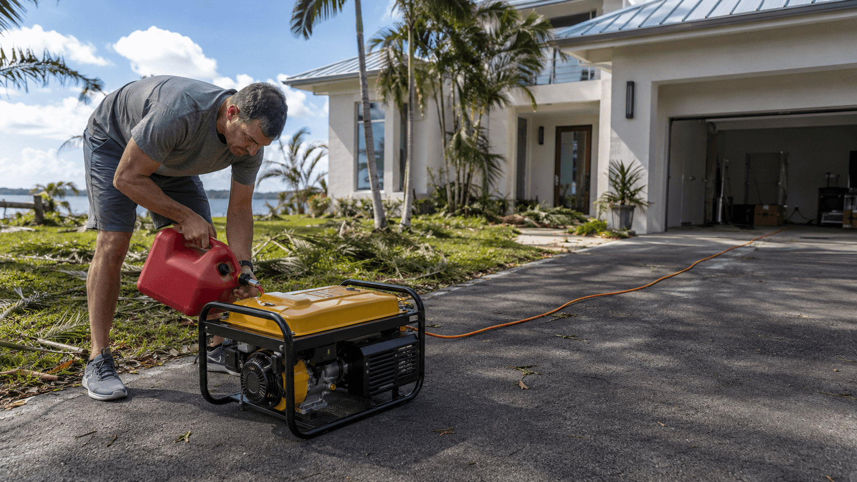 Yellow and black portable gas generator on a South Florida driveway about 25 feet from a coastal-modern stucco home with exhaust pointed away, an orange extension cord running into an open garage, and the homeowner refueling from a red gas can after a hurricane