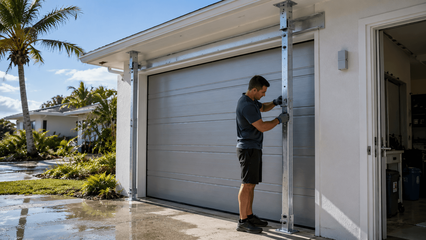 Impact-rated metal garage door reinforced with vertical steel hurricane bracing posts on a coastal-modern South Florida home