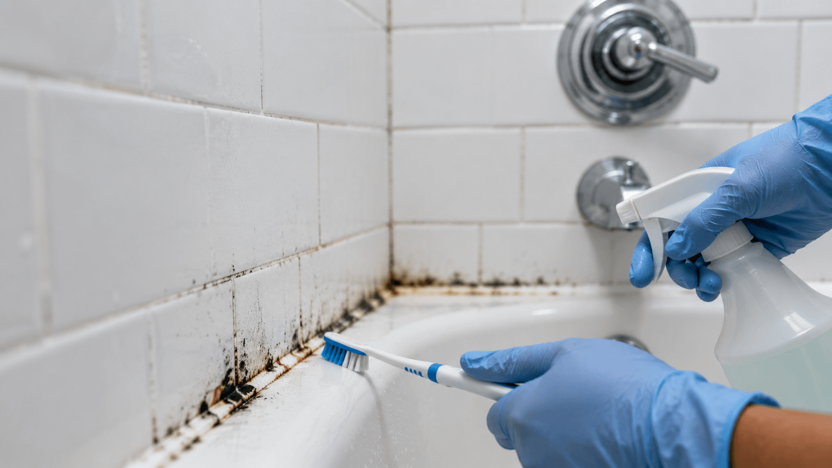 Close-up of black mold streaks on shower silicone caulk and grout lines in a South Florida bathroom