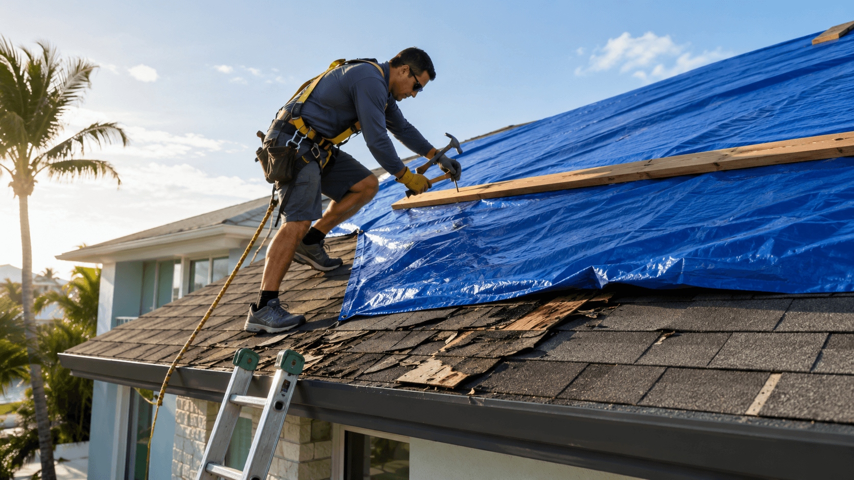 South Florida homeowner installing a heavy-duty blue poly tarp over storm-damaged shingles with safety harness and furring strips