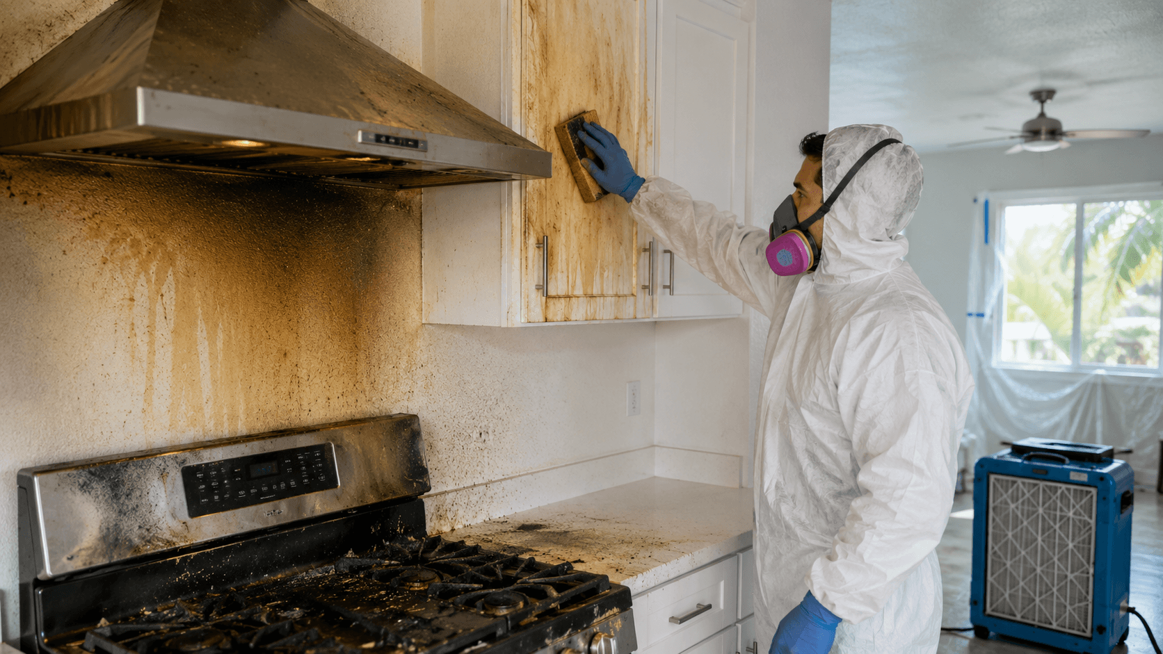 Restoration technician cleaning protein-smoke soot from white kitchen cabinets above a scorched range in a South Florida home