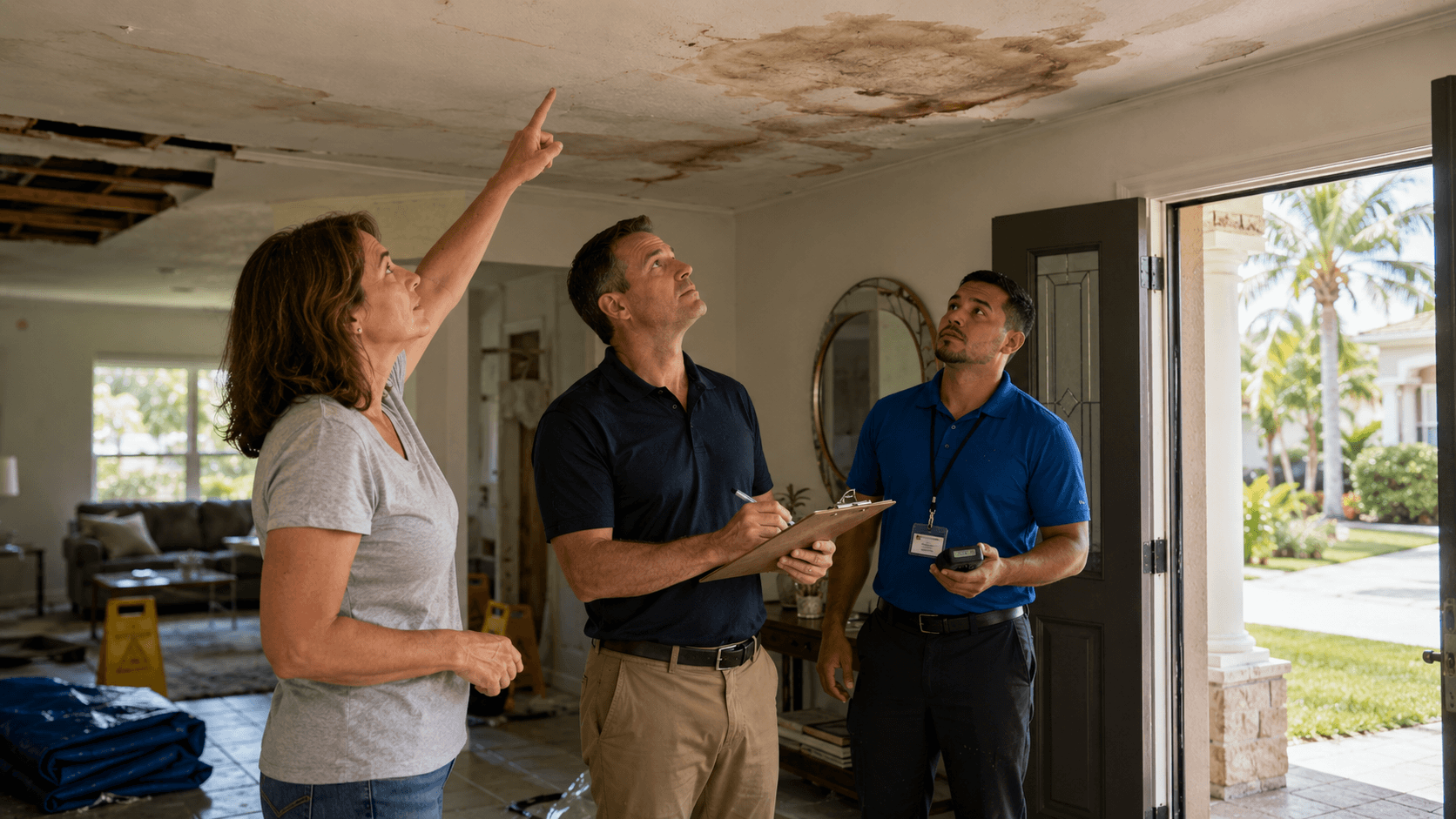 South Florida homeowner pointing at a stained sagging ceiling while an insurance adjuster takes notes and a restoration technician with a moisture meter stands behind