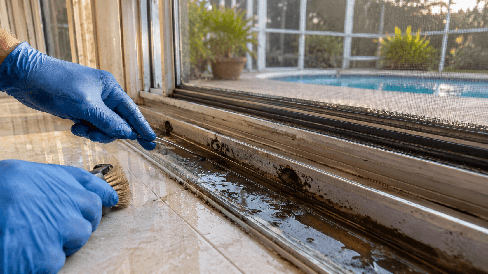 Close-up of sliding glass door weep holes being cleared with wire and brush