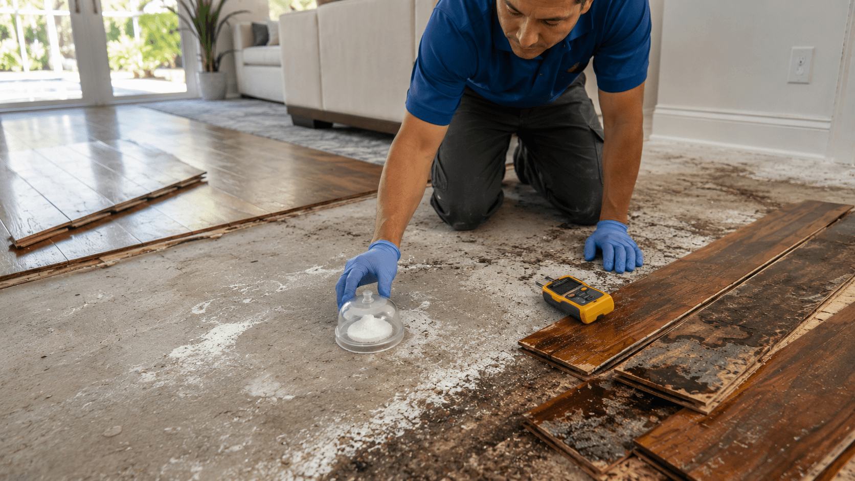 Technician placing calcium chloride test kit on exposed concrete slab with peeled-back hardwood boards