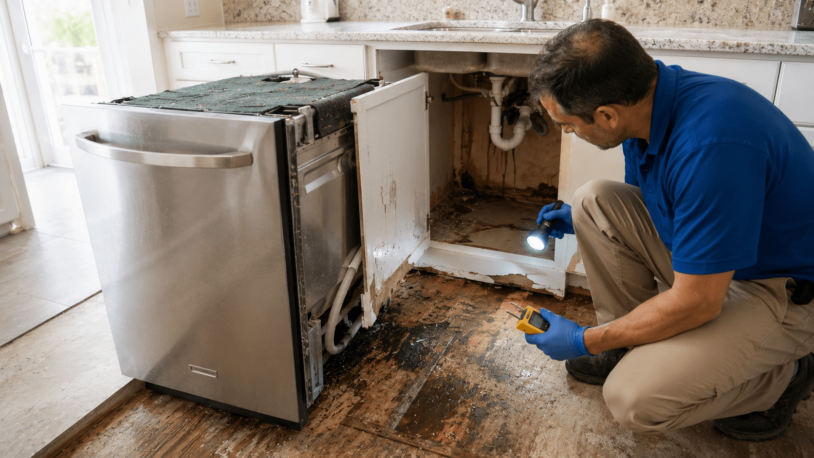 Tech reading moisture meter on wet subfloor beneath pulled-out dishwasher in South Florida kitchen