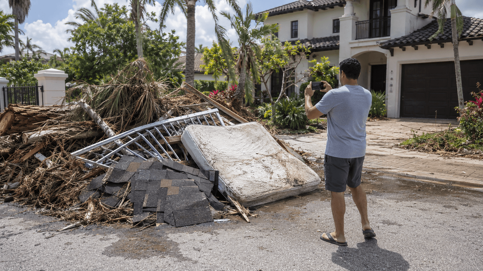 South Florida homeowner photographing a curbside pile of post-hurricane debris