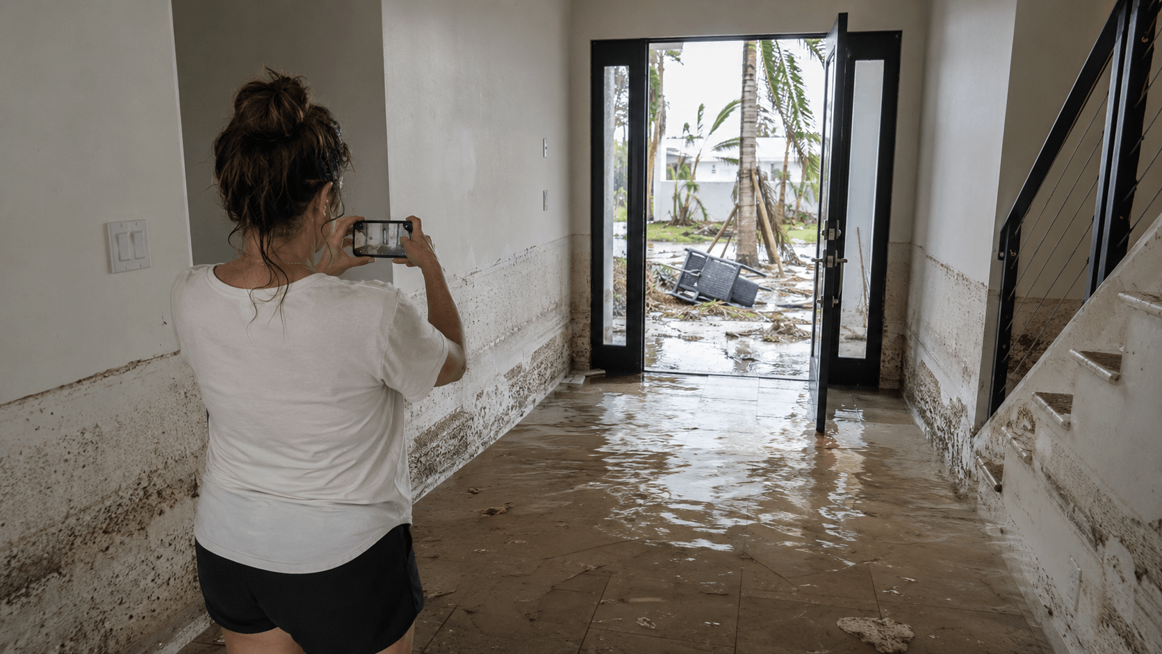 South Florida homeowner photographing storm-surge water line in flooded foyer