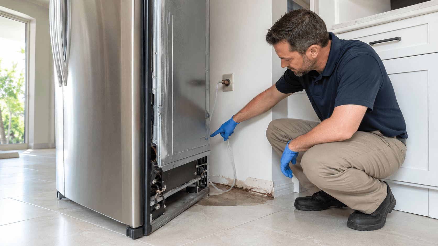 Gloved restoration technician crouched behind a stainless-steel refrigerator pulled away from the wall in a South Florida kitchen, pointing to a leaking compression fitting on the quarter-inch ice maker water line with a small puddle on the tile and warped white cabinet base nearby
