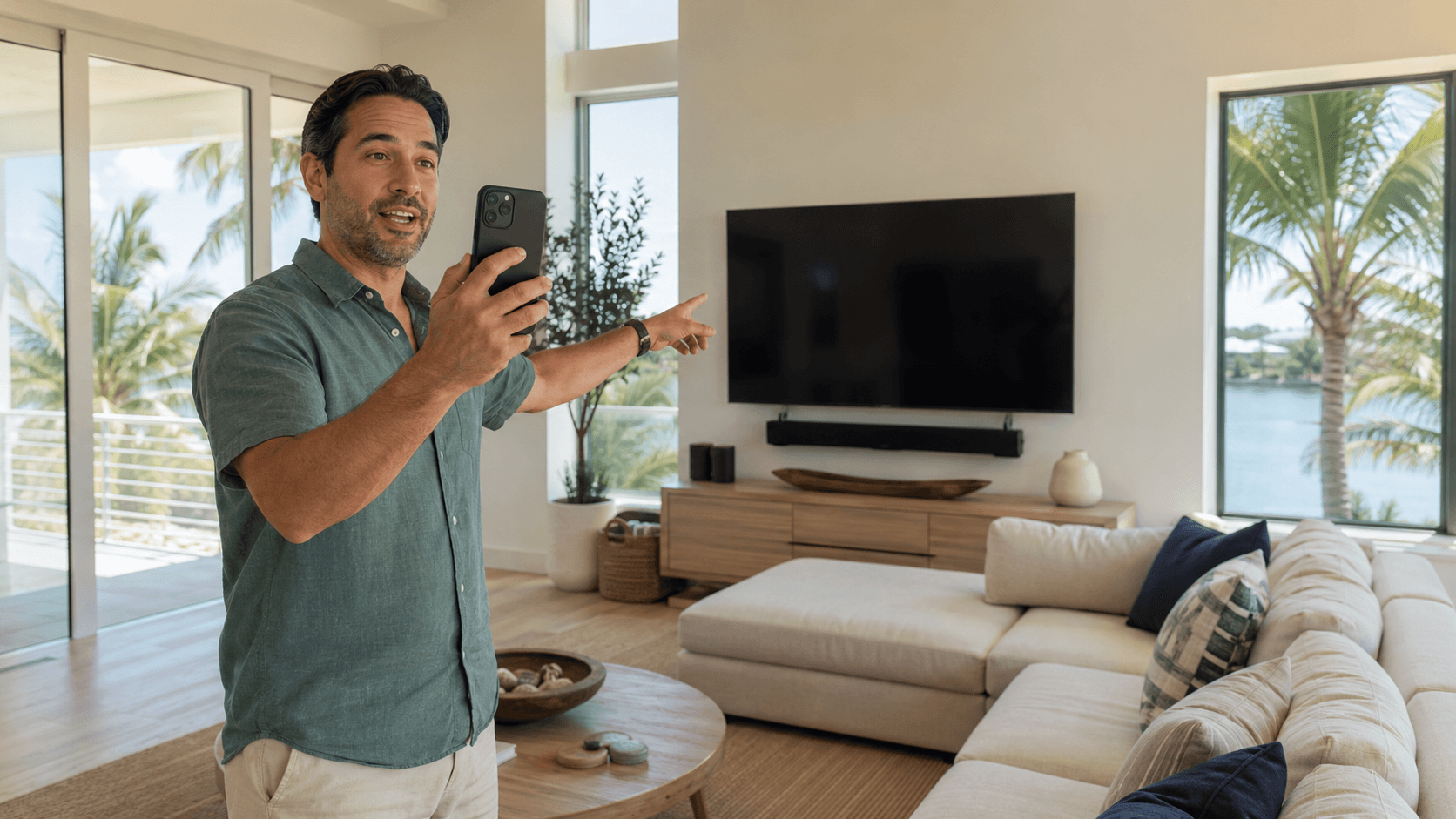 South Florida homeowner in a coastal-modern living room using a smartphone to record a slow video walkthrough of the room and pointing to a mounted TV and modern sectional sofa as part of a pre-hurricane home inventory