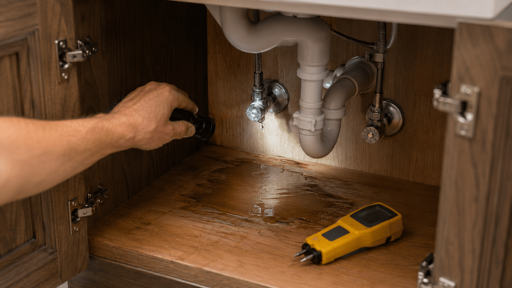 Homeowner using a flashlight to inspect a slow drip at the shutoff valve inside an open South Florida bathroom vanity cabinet with mineral deposits, a small puddle on the cabinet floor, and a yellow moisture meter next to the puddle