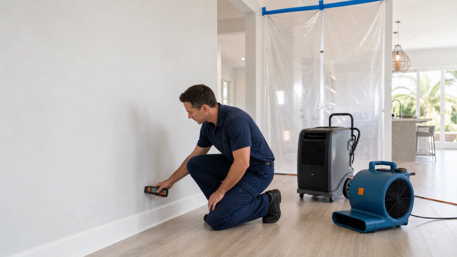Restoration technician checking wall moisture during a South Florida mold-remediation project