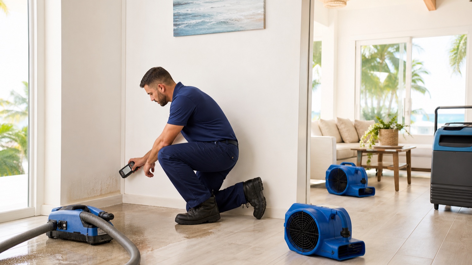 Restoration technician checking wall moisture during a South Florida mold-remediation project
