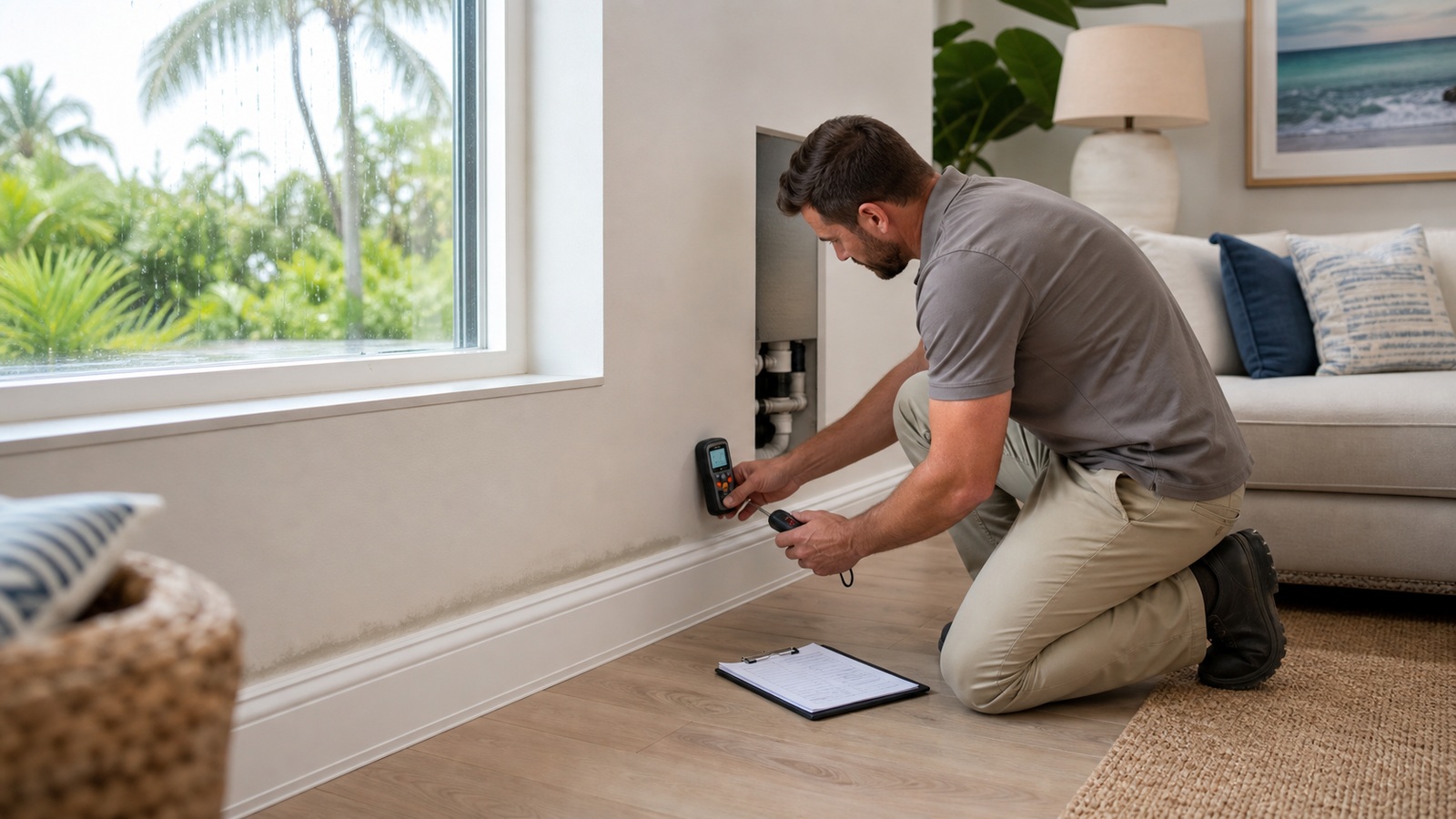 Professional comparing moisture readings beside a rain-exposed window while investigating plumbing, AC condensate, and exterior water entry.