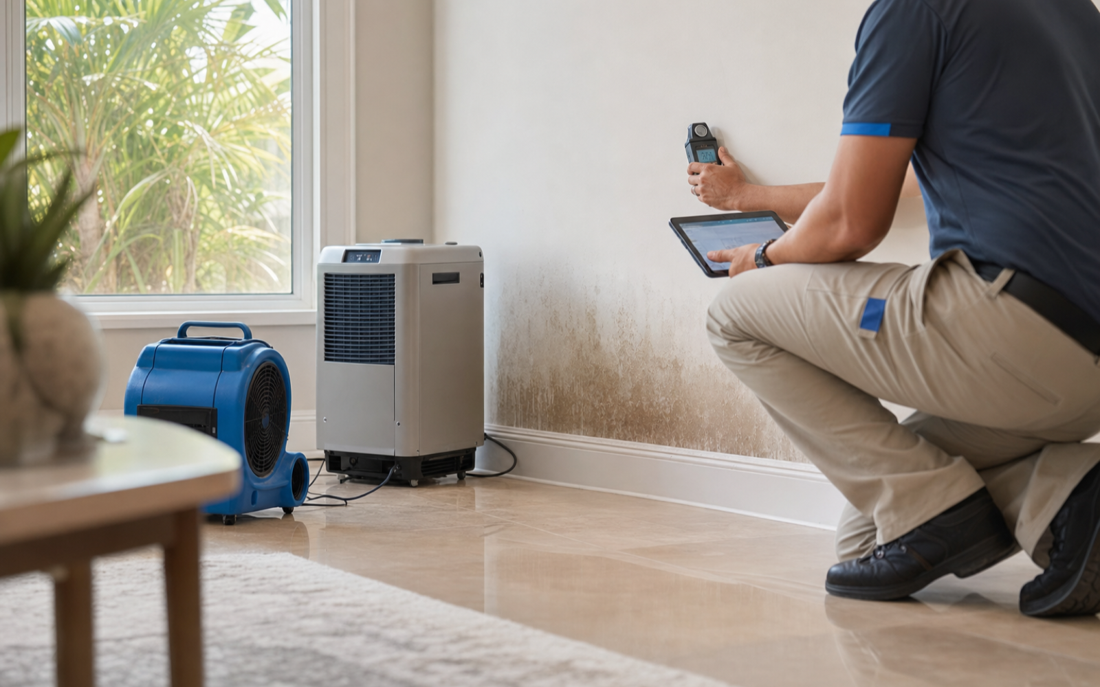 Water-damage professional checking a damp wall with a moisture meter beside drying equipment in a South Florida home.
