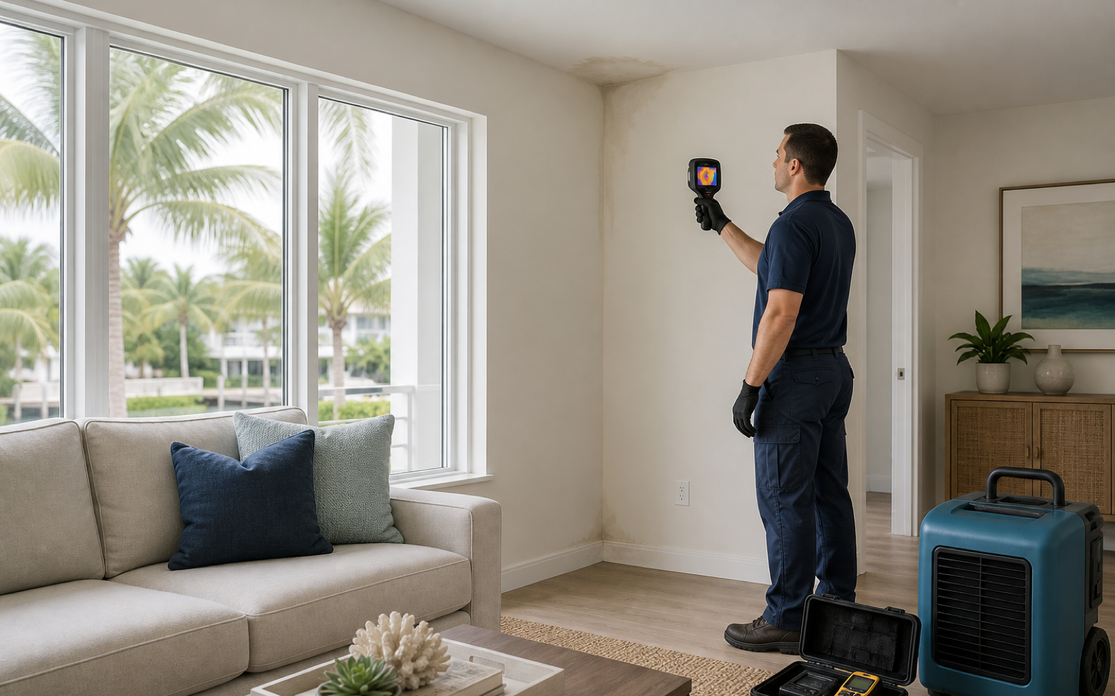 South Florida restoration technician using an infrared camera to inspect a ceiling stain, with moisture tools and drying equipment nearby.