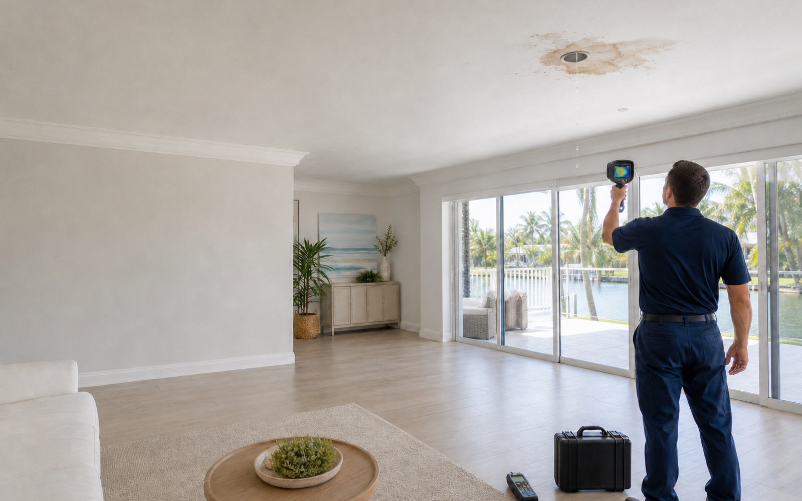 South Florida restoration technician using an infrared camera to inspect water dripping from a switched-off recessed ceiling light from a dry, safe distance.