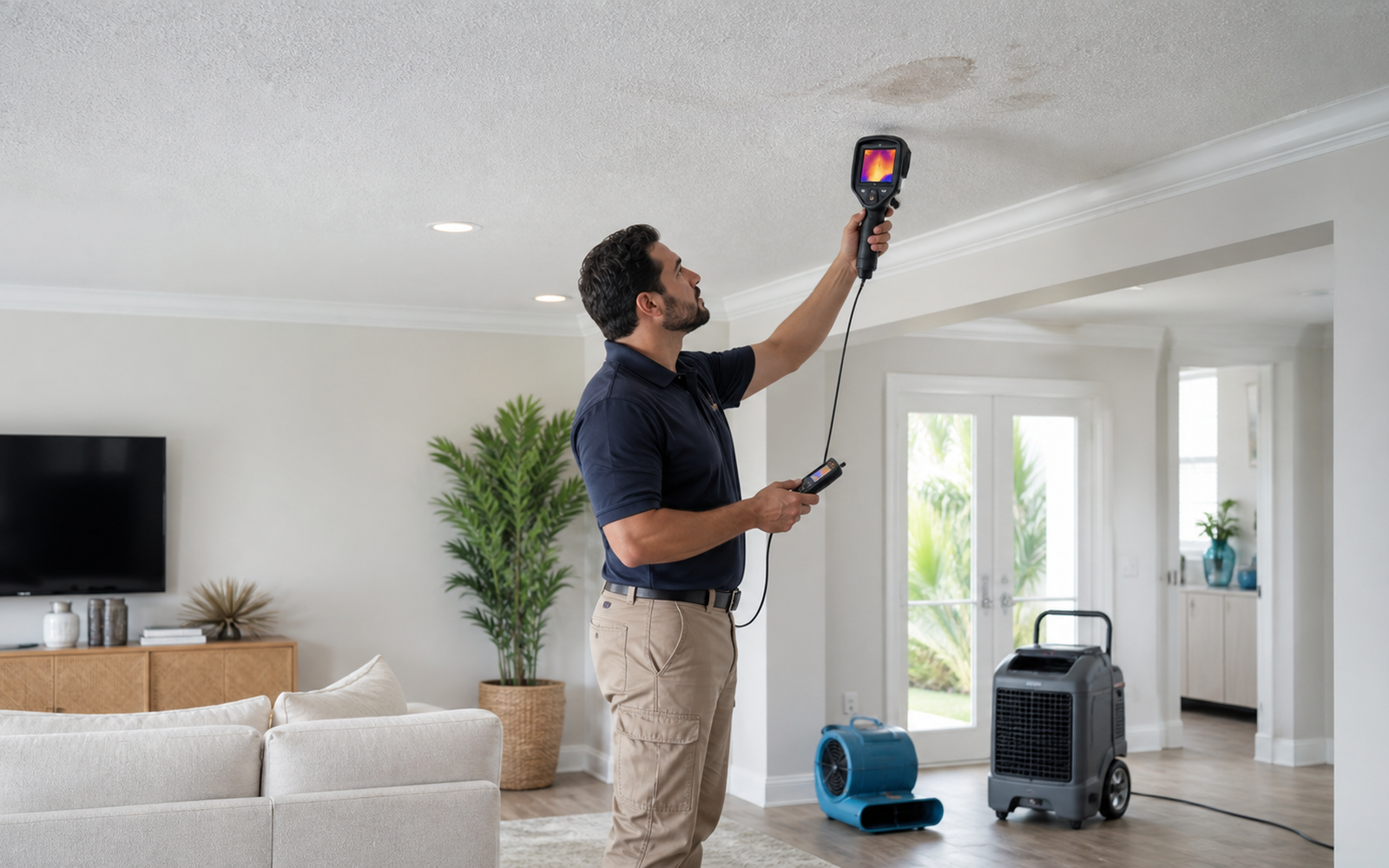 Water restoration technician uses thermal imaging and moisture tools to inspect a stained ceiling while drying equipment operates in a South Florida home.