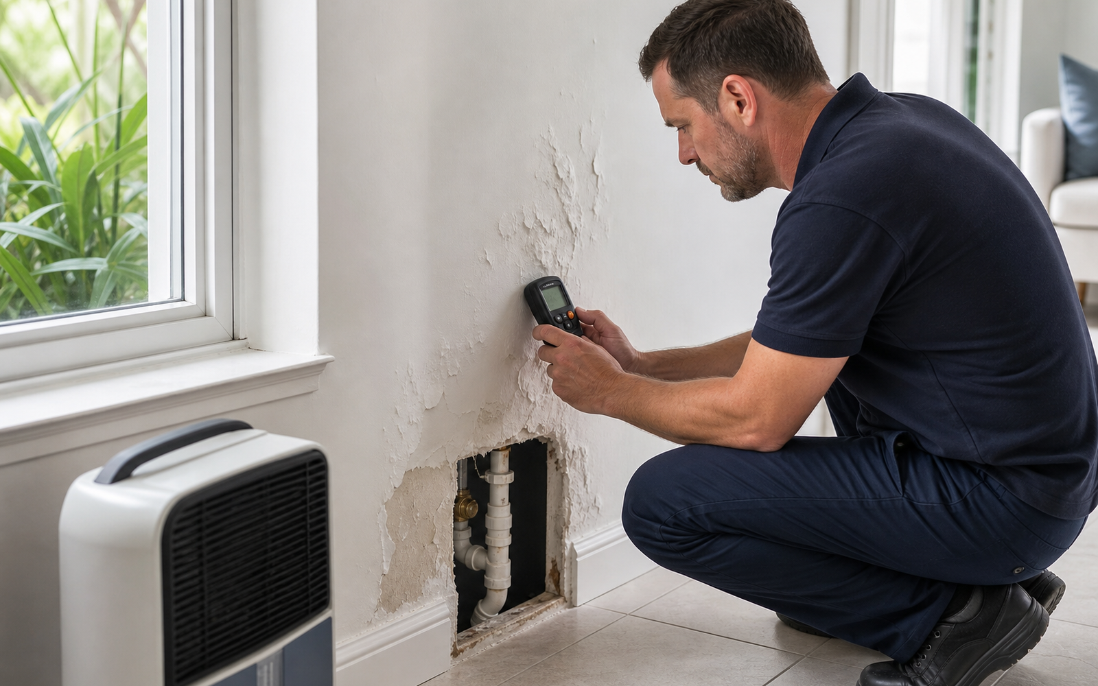 Restoration technician checks bubbling and peeling paint with a moisture meter beside a wall opening and dehumidifier in a South Florida home.
