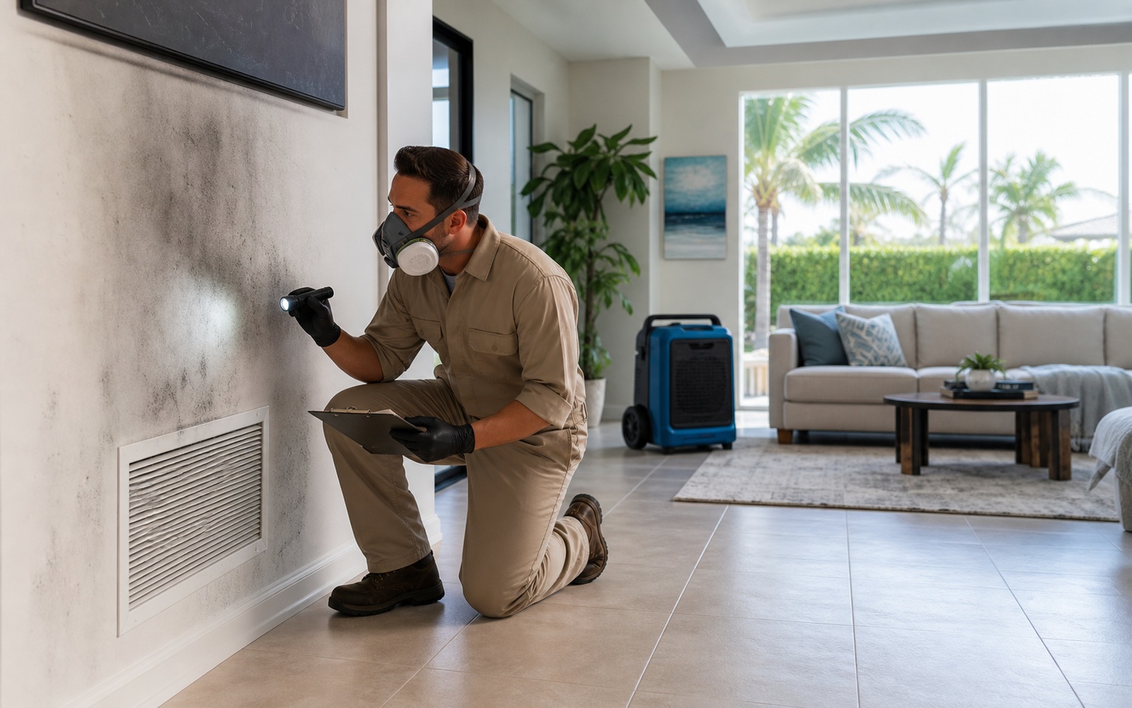 A restoration technician inspects light smoke and soot residue near an HVAC return in a South Florida living room while a professional air scrubber stands nearby.