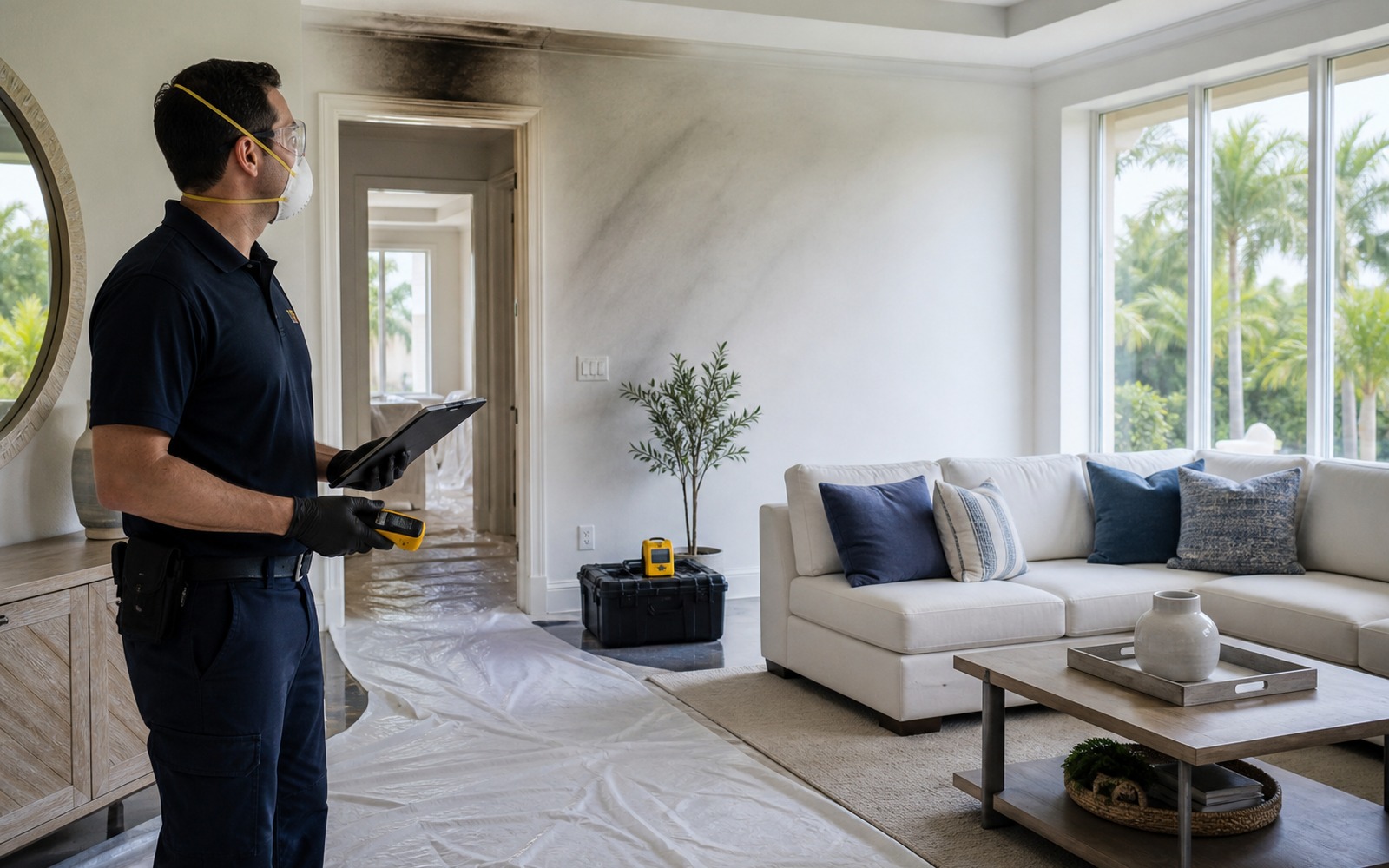 A restoration estimator documents soot, smoke, and firefighting-water impacts in a South Florida living room while reviewing the scope on a tablet.