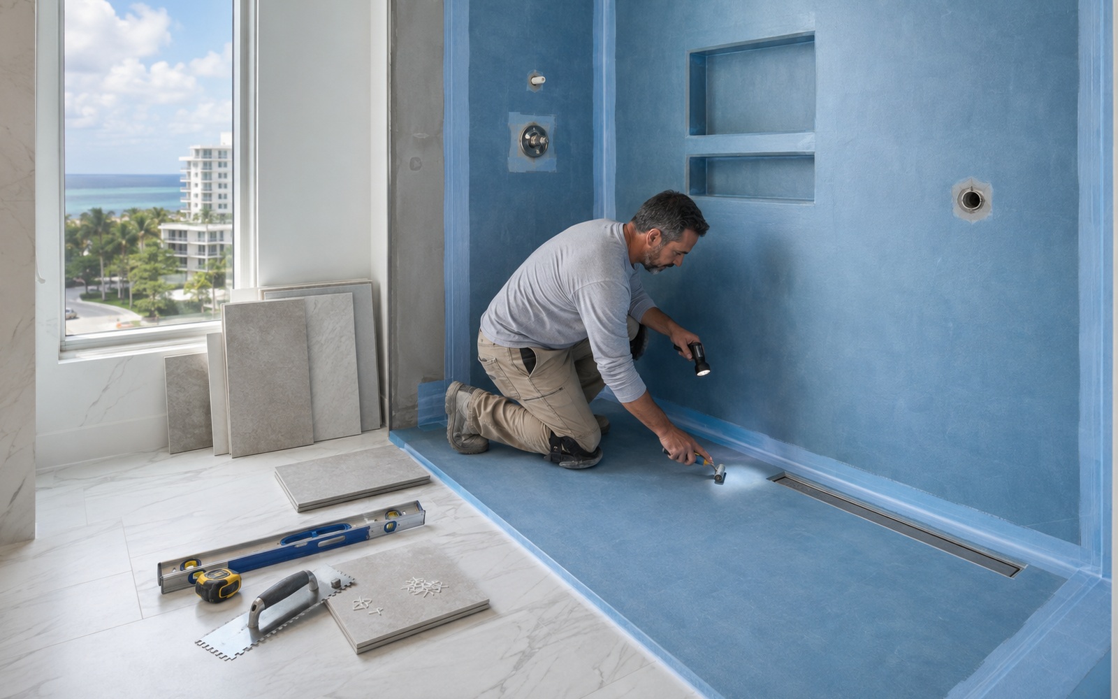A bathroom-remodeling professional inspects sealed waterproof membrane seams, corners, niches and the drain before tile installation in a South Florida condominium shower.