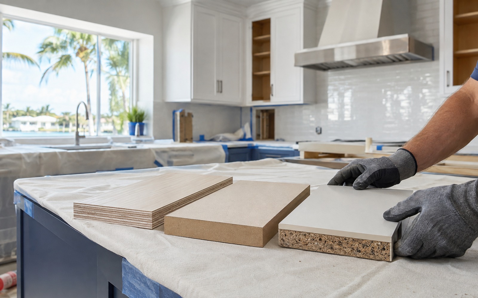Three cabinet material samples—layered plywood, smooth MDF, and laminated particleboard—are compared on a protected island during a bright South Florida kitchen remodel.