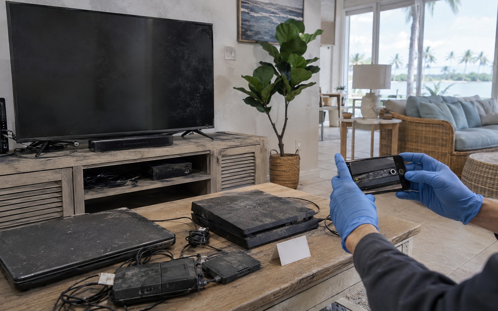 A restoration technician documents soot-exposed televisions, a laptop, router, console, chargers, and serial labels in a bright South Florida living room after a fire.