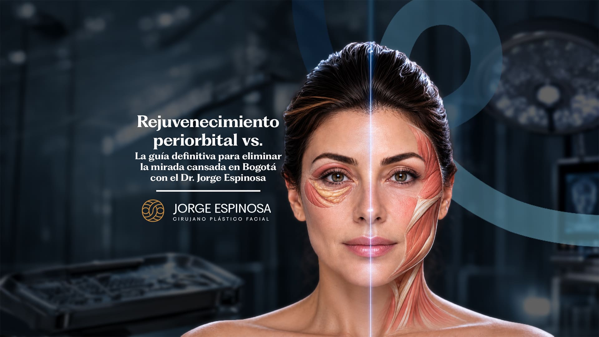 Mujer con rostro dividido que muestra anatomía facial para cirugía plástica: rejuvenecimiento periorbital en párpados y ojeras frente a estructuras musculares del rostro y cuello asociadas al facelift, en un entorno médico futurista.