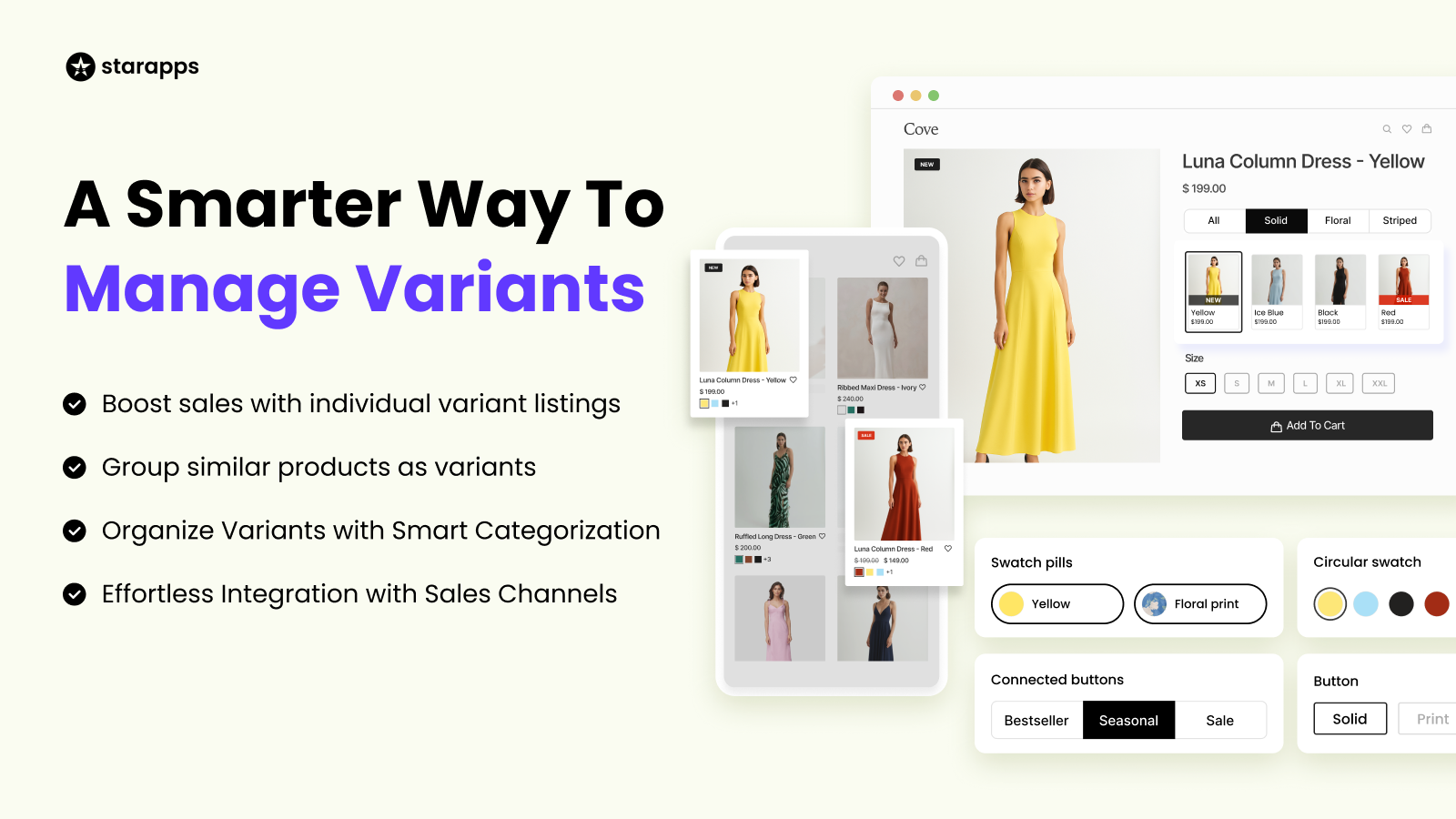 Manage variants with swatches, categories, and variant listings