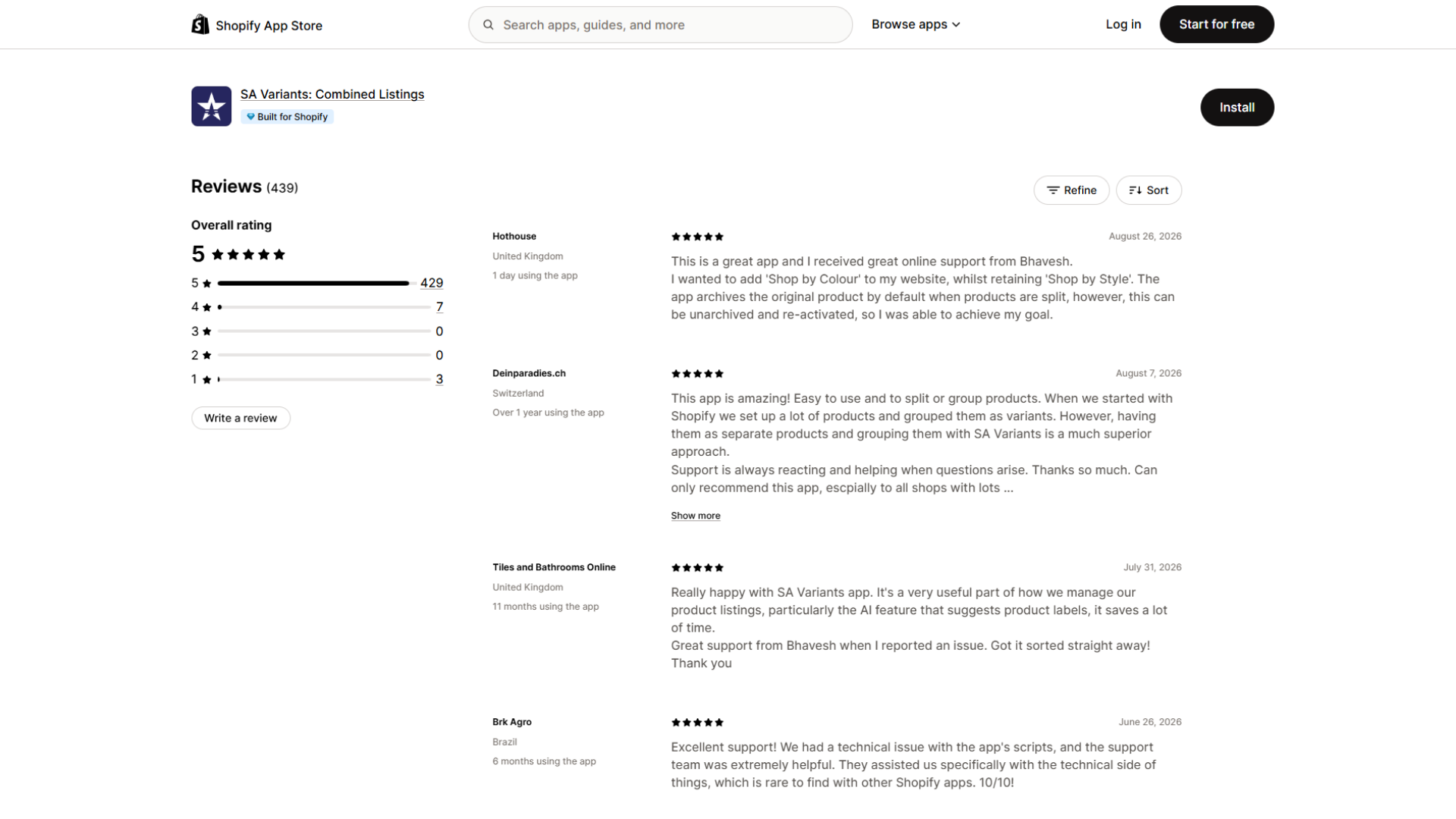 Shopify App Store listing page for SA Variants: Combined Listings by starapps featuring an overall rating of 5 stars from 439 reviews, an Install button, and user testimonials praising features like product splitting, grouping, and AI label suggestions.