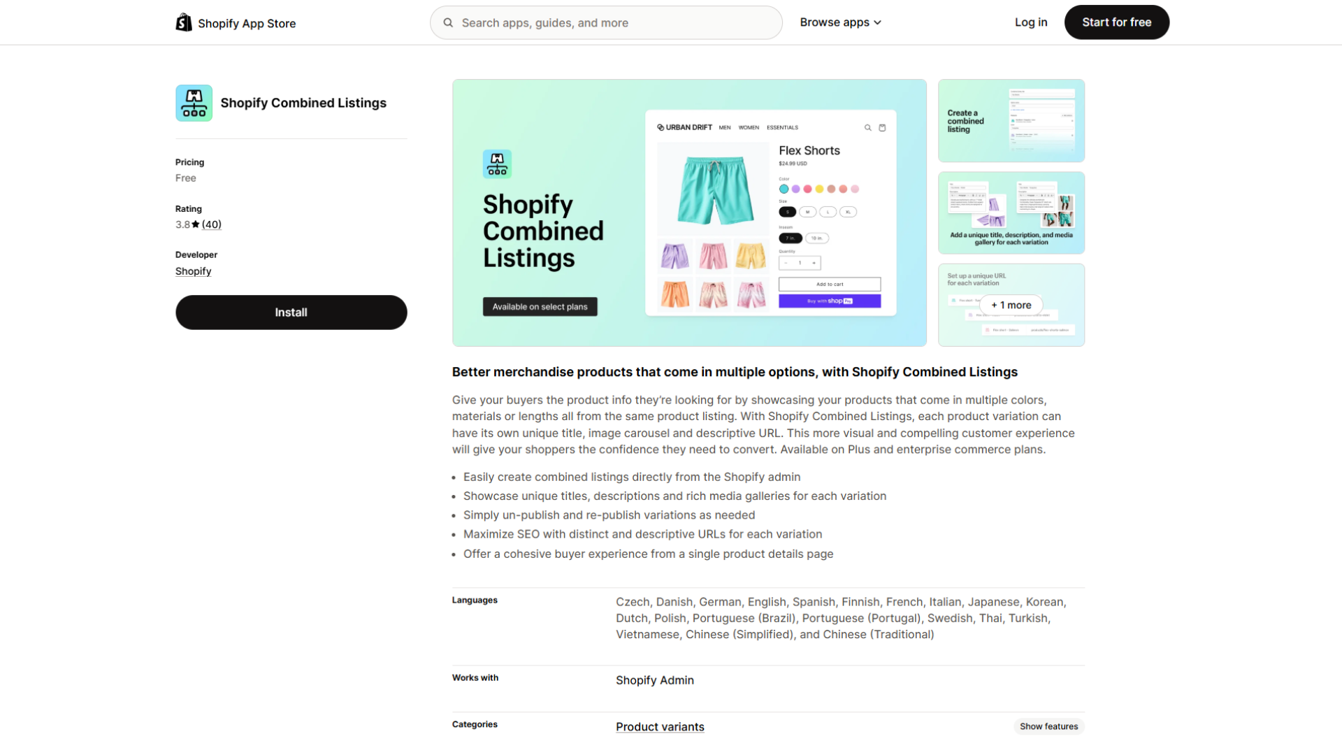 Shopify App Store listing page for Shopify Combined Listings featuring a 3.8-star rating from 40 reviews, a free pricing tag, an Install button, and a feature description detailing how each product variation can have its own unique title, image carousel, descriptive URL, and rich media gallery.