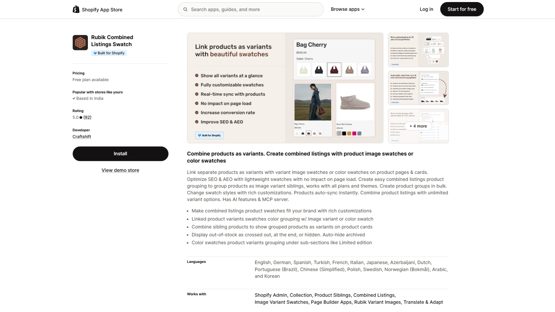 Shopify App Store listing page for Rubik Combined Listings Swatch by Craftshift featuring a 5.0-star rating from 92 reviews, a free plan available, an Install button, and a feature description detailing how to link products as variants with image swatches, color swatches, real-time sync, and AEO optimization.
