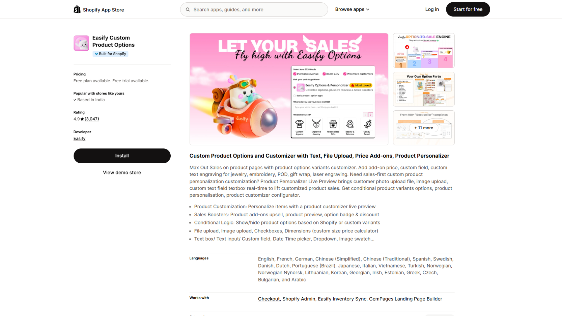 Shopify App Store listing page for Easify Custom Product Options by Easify featuring a 4.9-star rating from 3,047 reviews, a free plan and free trial available, an Install button, and a feature description detailing product customization with live preview, text and file uploads, price add-ons, and sales boosters.