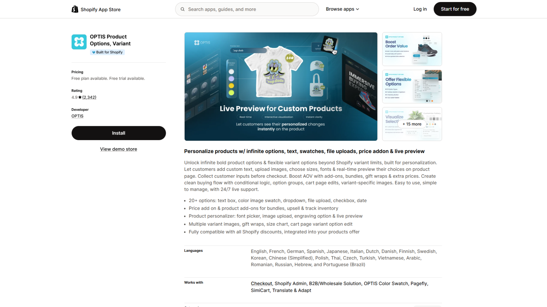 Shopify App Store listing page for OPTIS Product Options, Variant by OPTIS featuring a 4.9-star rating from 2,342 reviews, a free plan and free trial available, an Install button, and a feature description detailing infinite product options, text, swatches, file uploads, price add-ons, and live previews.
