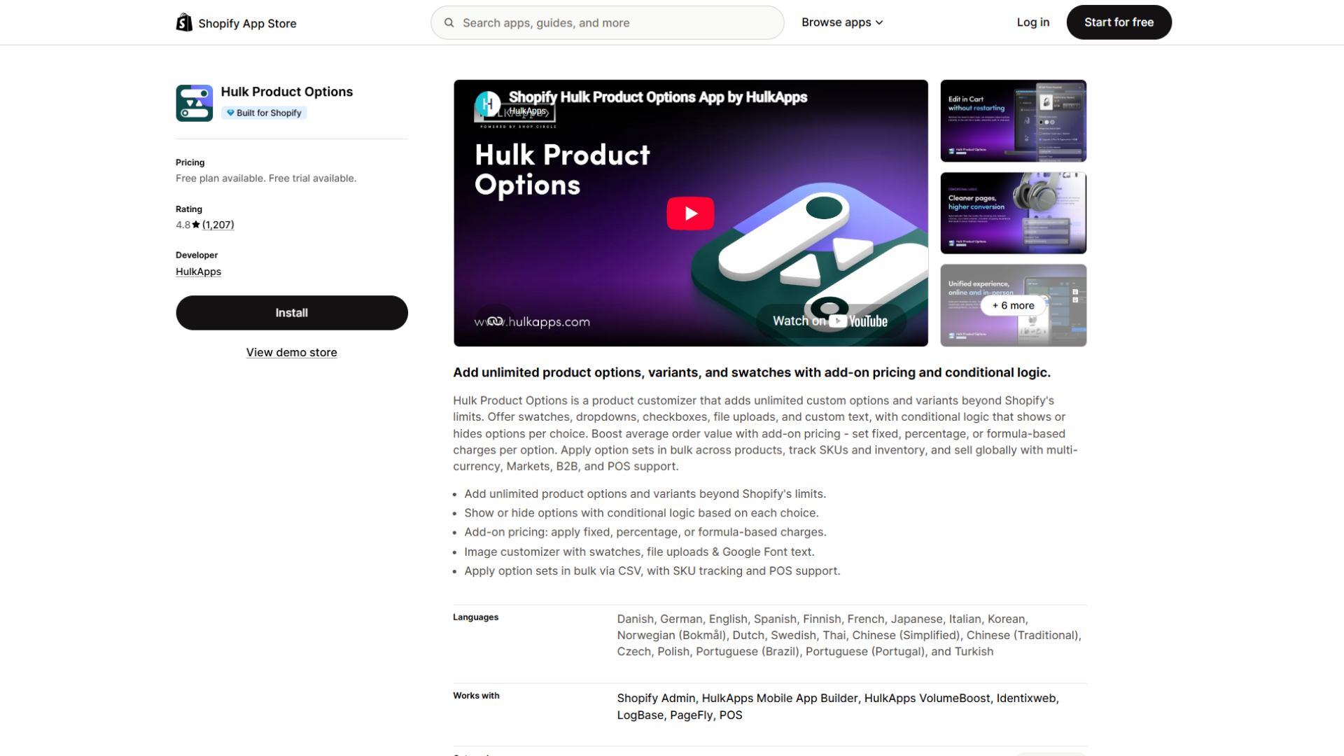 Shopify App Store listing page for Hulk Product Options by HulkApps featuring a 4.8-star rating from 1,207 reviews, a free plan and free trial available, an Install button, and a feature description detailing unlimited product options, conditional logic, add-on pricing, swatches, file uploads, and POS support.