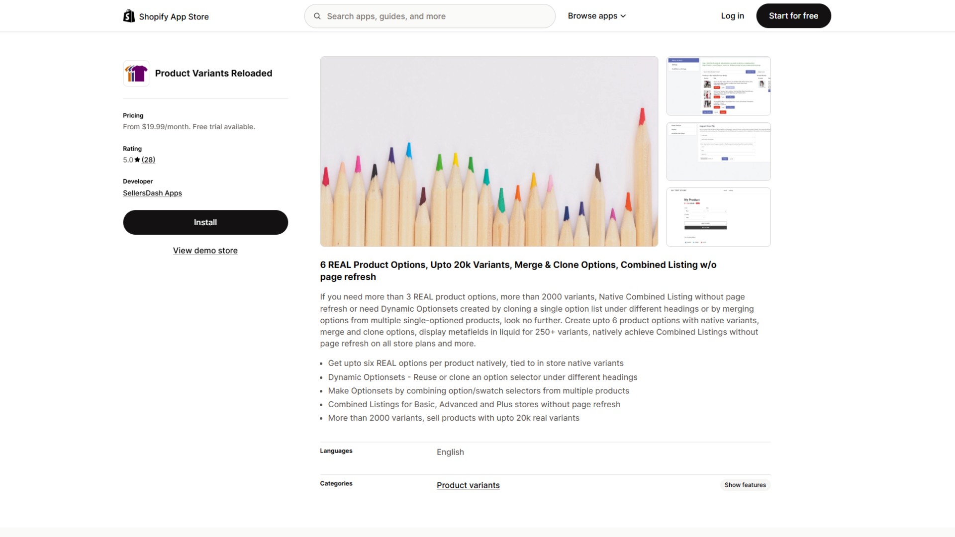 Shopify App Store listing page for Product Variants Reloaded by SellersDash Apps featuring a 5.0-star rating from 28 reviews, pricing starting from $19.99/month with a free trial, an Install button, and a feature description detailing 6 real product options, up to 20k variants, merge and clone options, and combined listings without page refresh.