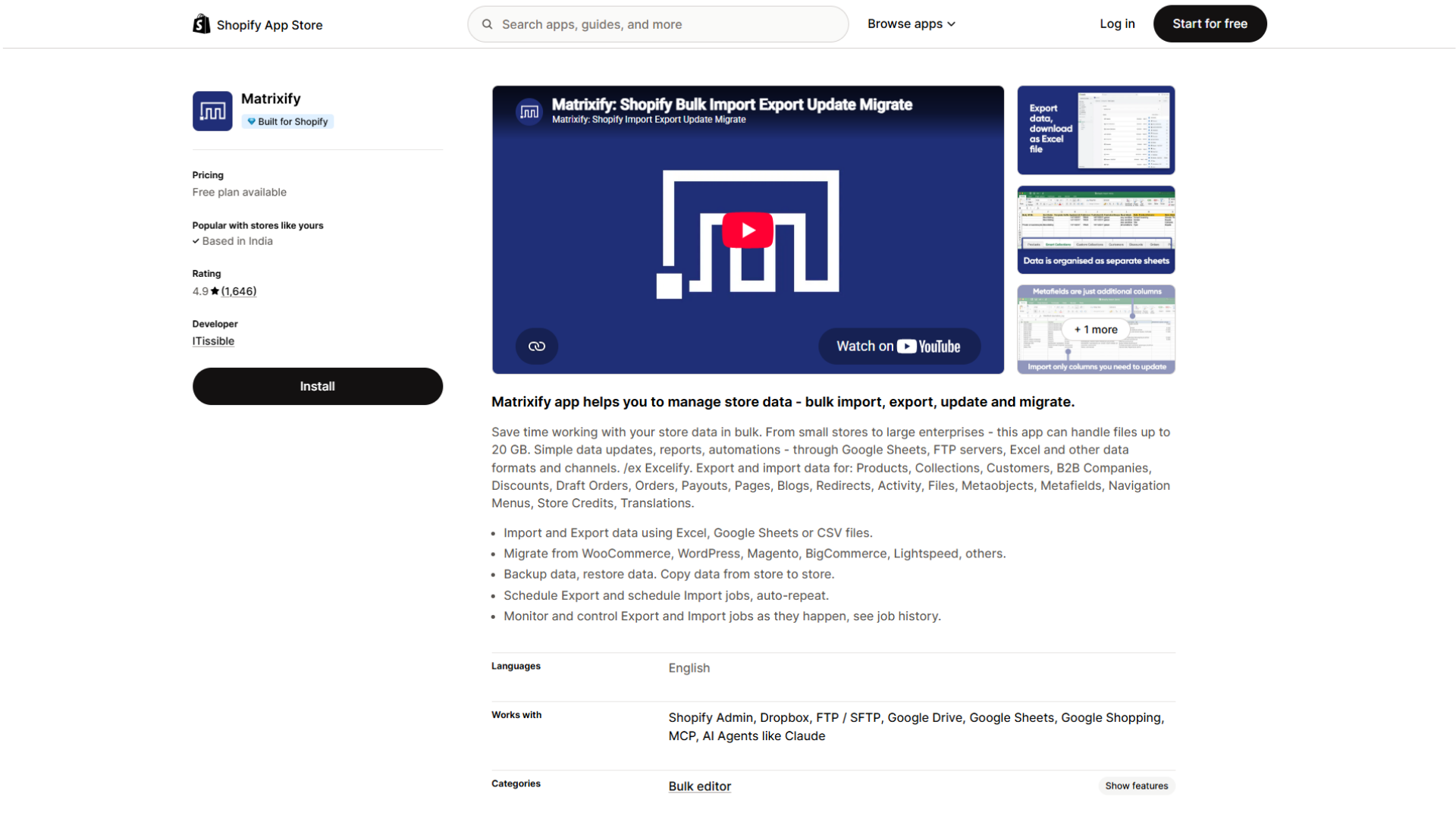 Shopify App Store listing page for Matrixify: Shopify Bulk Import Export Update Migrate by ITissible featuring a 4.9-star rating from 1,646 reviews, a free plan available, an Install button, and a feature description detailing bulk data management, migration from platforms like WooCommerce and Magento, backup and restore tools, and scheduled import-export jobs using Excel, Google Sheets, or CSV files