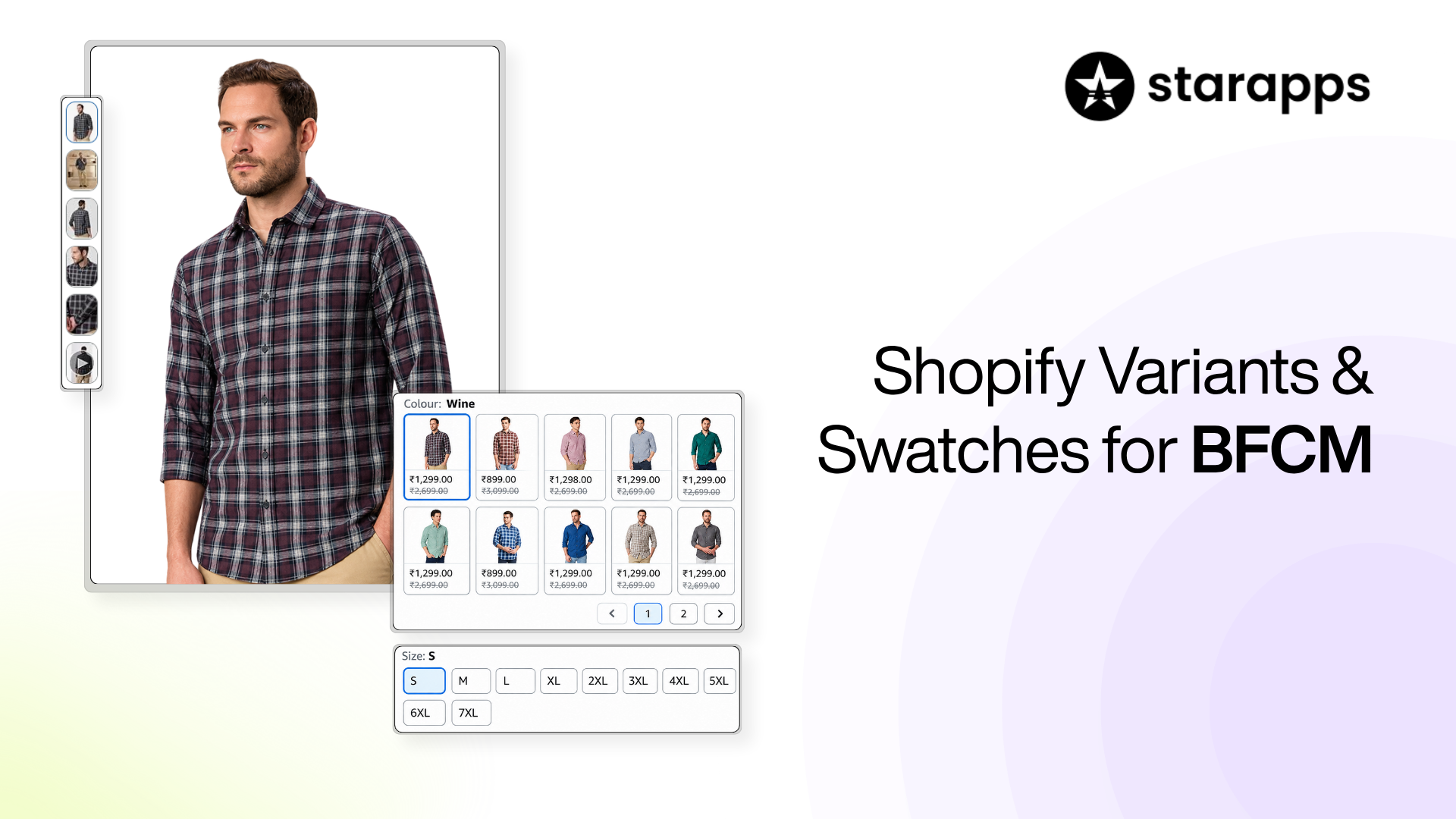 starapps promotional graphic featuring the starapps logo, headline Shopify Variants & Swatches for BFCM, and product page mockups showcasing a male model wearing a plaid shirt, a color swatch selector with variant thumbnails and pricing in Indian Rupees, and size options ranging from S to 7XL against a gradient background.