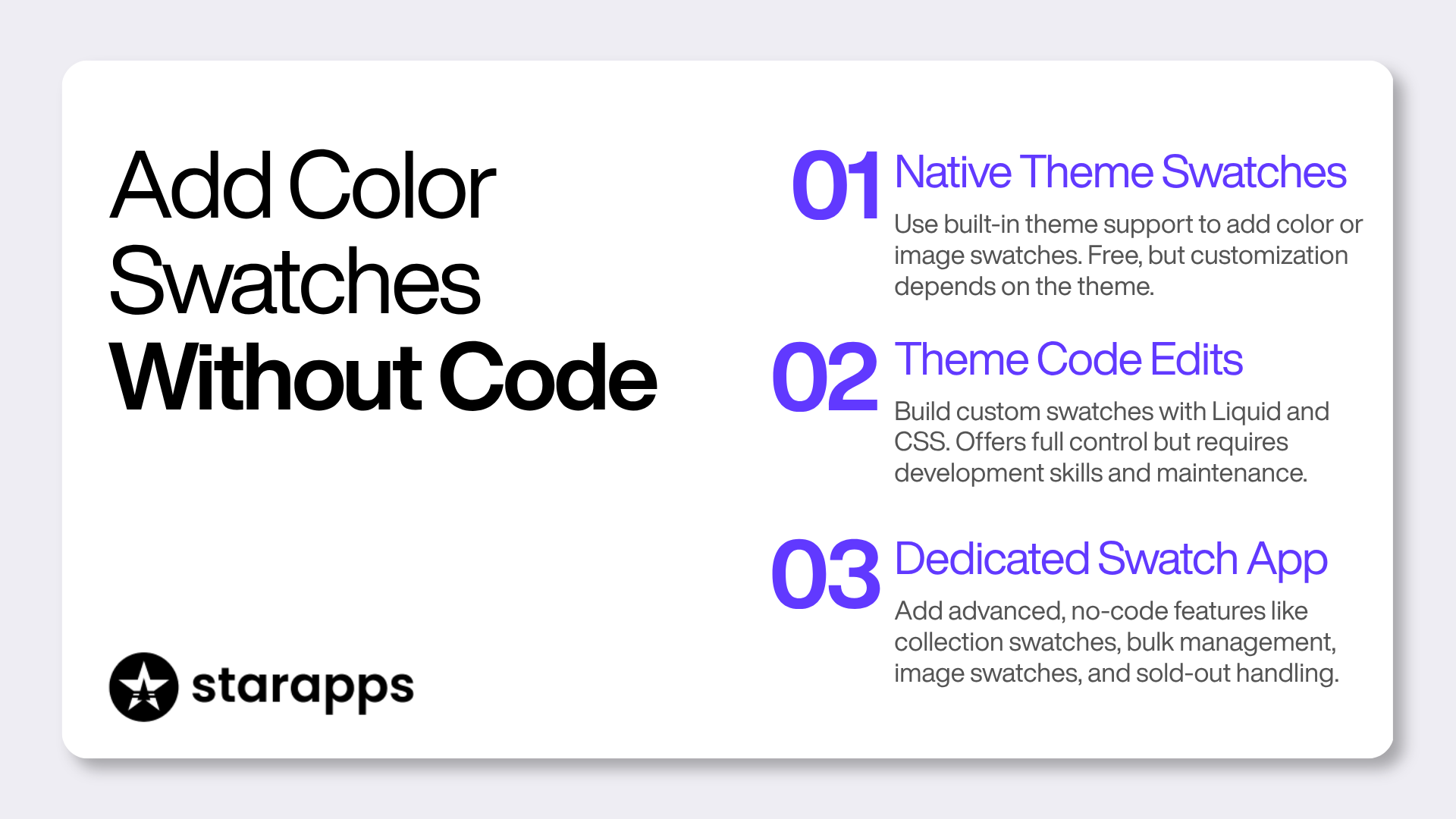 starapps infographic featuring the starapps logo, headline Add Color Swatches Without Code, and three numbered implementation methods: 01. Native Theme Swatches (use built-in theme support for free, though customization depends on the theme), 02. Theme Code Edits (build custom swatches with Liquid and CSS for full control, but requires development skills and maintenance), and 03. Dedicated Swatch App (add advanced no-code features like collection swatches, bulk management, image swatches, and sold-out handling)