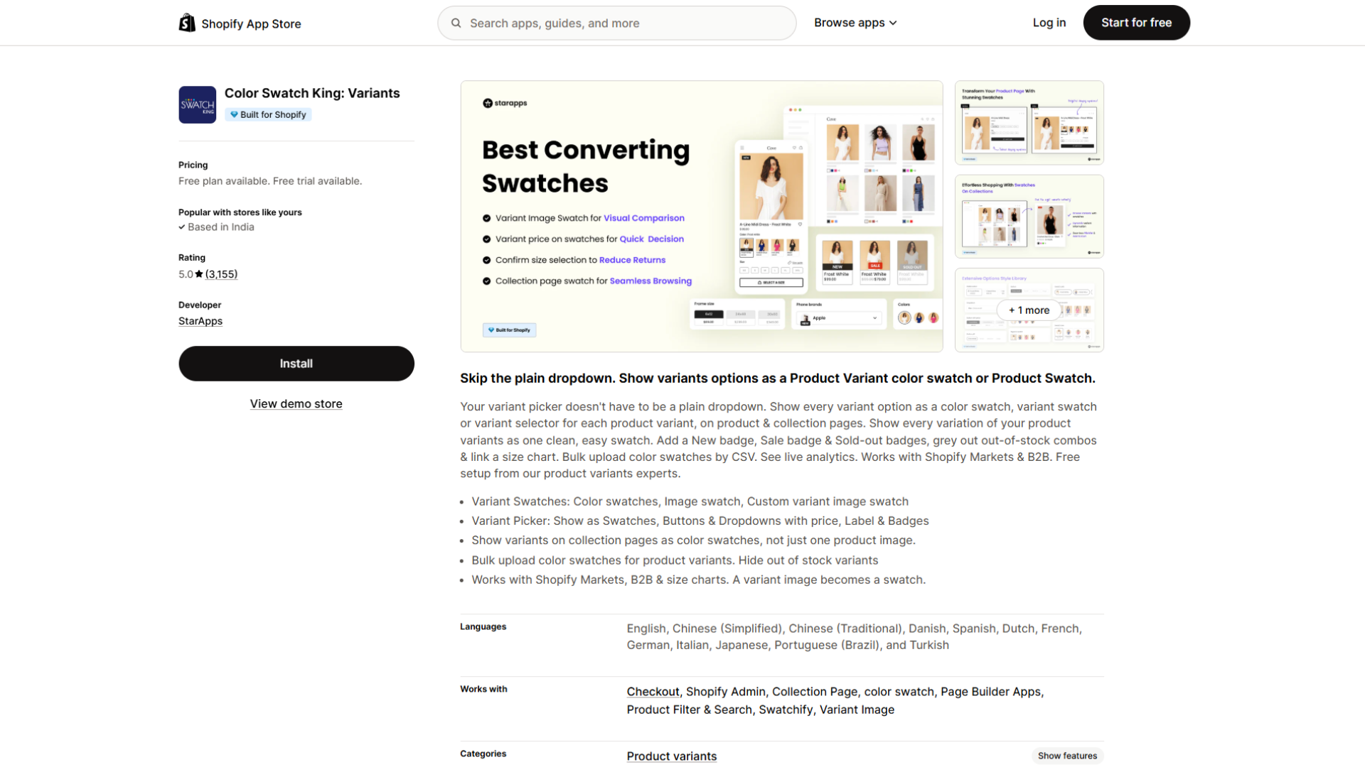 Shopify App Store listing page for Color Swatch King: Variants by StarApps, featuring pricing details, a 5.0 rating with 3,155 reviews, an Install button, promotional banner highlighting Best Converting Swatches with variant image swatches and collection page swatches, and a detailed description covering variant pickers, badges, bulk CSV uploads, and Shopify B2B compatibility.