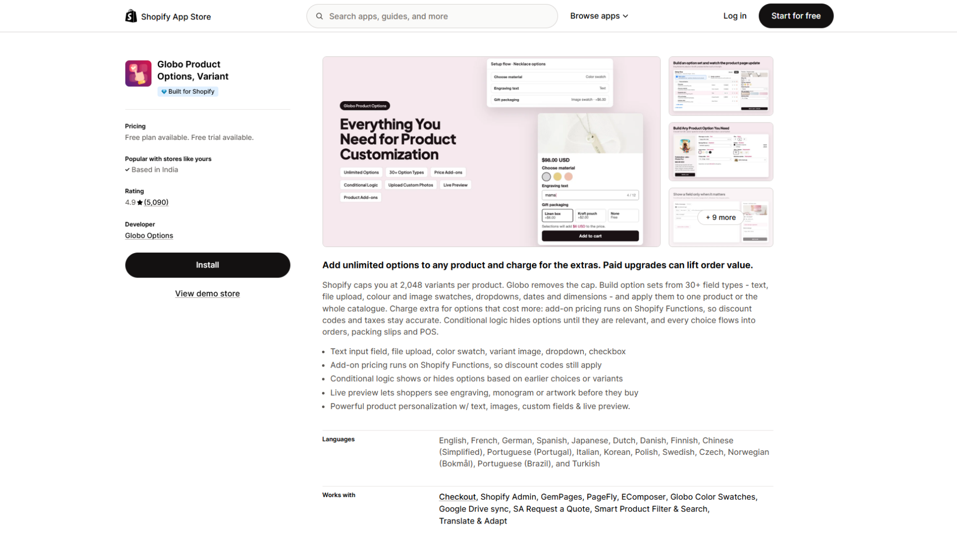 Shopify App Store listing page for Globo Product Options, Variant by Globo Options, featuring pricing details, a 4.9 rating across 5,090 reviews, an Install button, and a promotional banner highlighting product customization alongside feature descriptions for unlimited options, conditional logic, and live previews.
