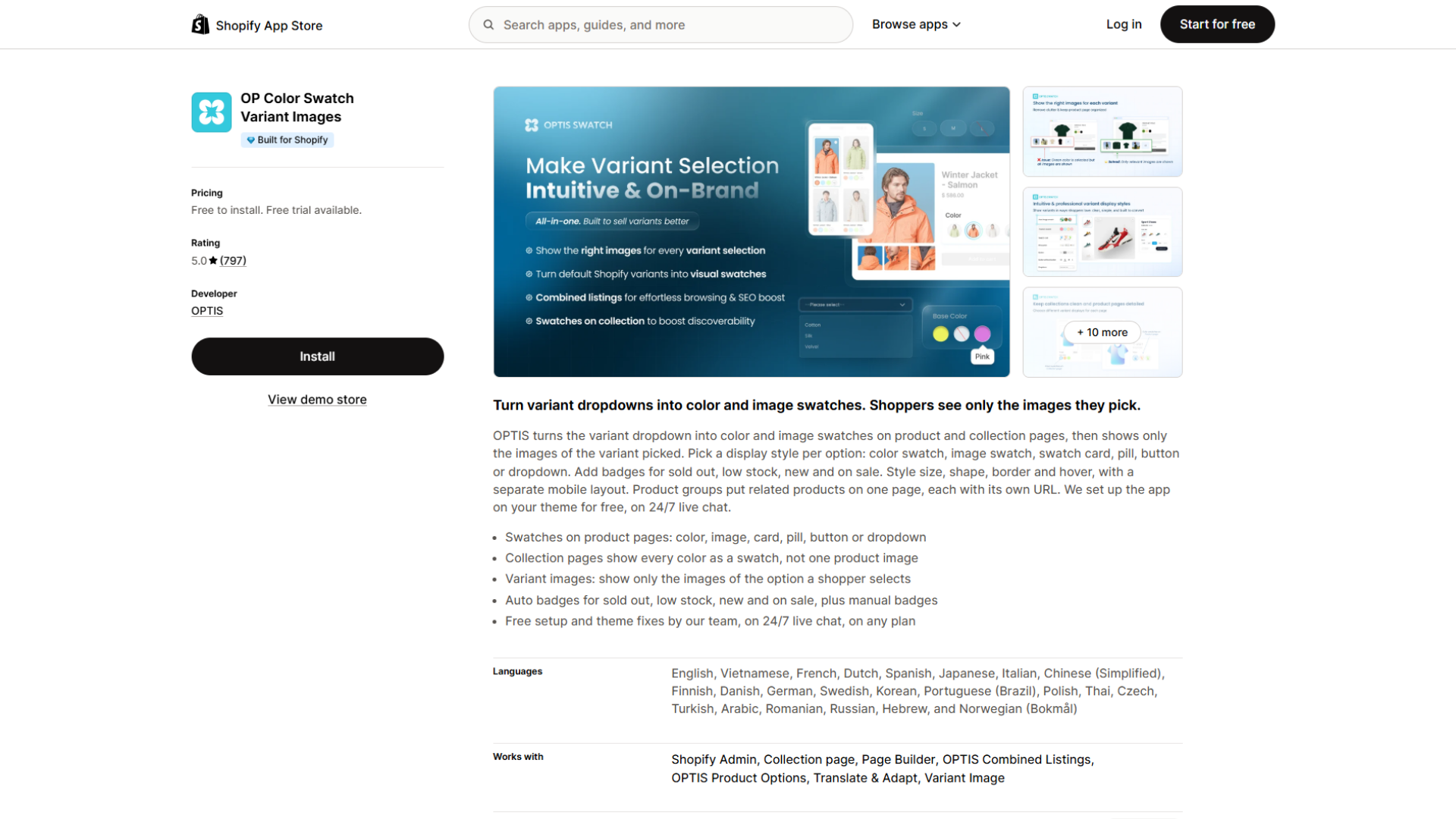 Shopify App Store listing page for OP Color Swatch Variant Images by OPTIS, featuring pricing details, a 5.0 rating across 797 reviews, an Install button, and a promotional banner highlighting Make Variant Selection Intuitive & On-Brand alongside feature descriptions for variant image mapping, visual swatches, combined listings, and collection page swatches.