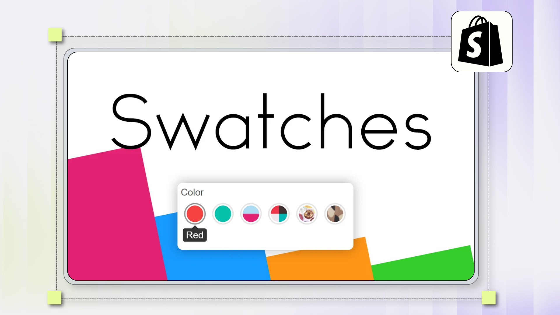 Shopify product swatches interface displaying color variant selectors with image swatches, color swatches, and visual product options to improve product discovery and customer shopping experience.